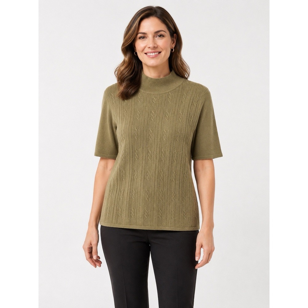 Vintage Sag Harbor L Olive Cable Knit Mock Neck Short Sleeve Sweater Y2K Fall